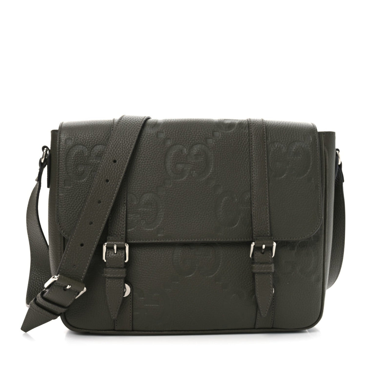 Piuma Calfskin Jumbo GG Embossed Double Buckle Medium Messenger Bag Dark Vintage Olive
