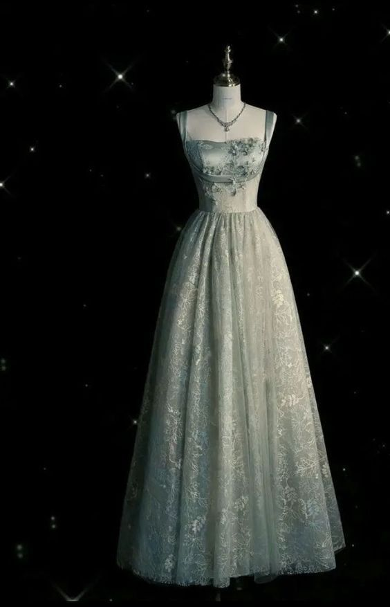 Light Blue Straps A-Line Tulle Lace Long Formal Prom Dress MD7250
