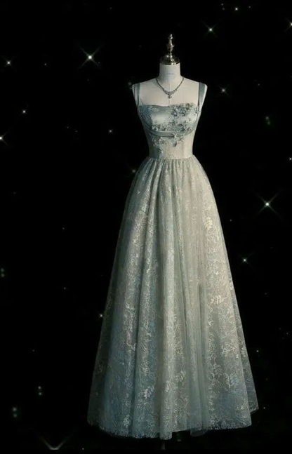 Light Blue Straps A-Line Tulle Lace Long Formal Prom Dress MD7250