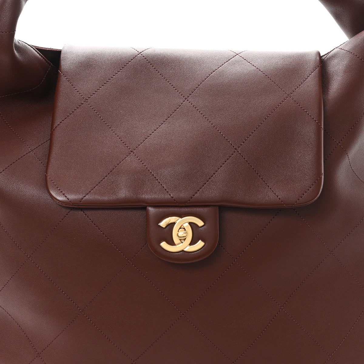 Shiny Calfskin Quilted Maxi Chain Hobo Dark Brown