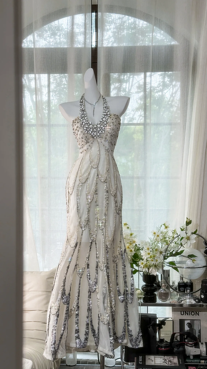 Vintage White Beaded Sparkling Long Chiffon Spaghetti Strap Romantic Ball Gown Evening Dress Prom Dresses D1500