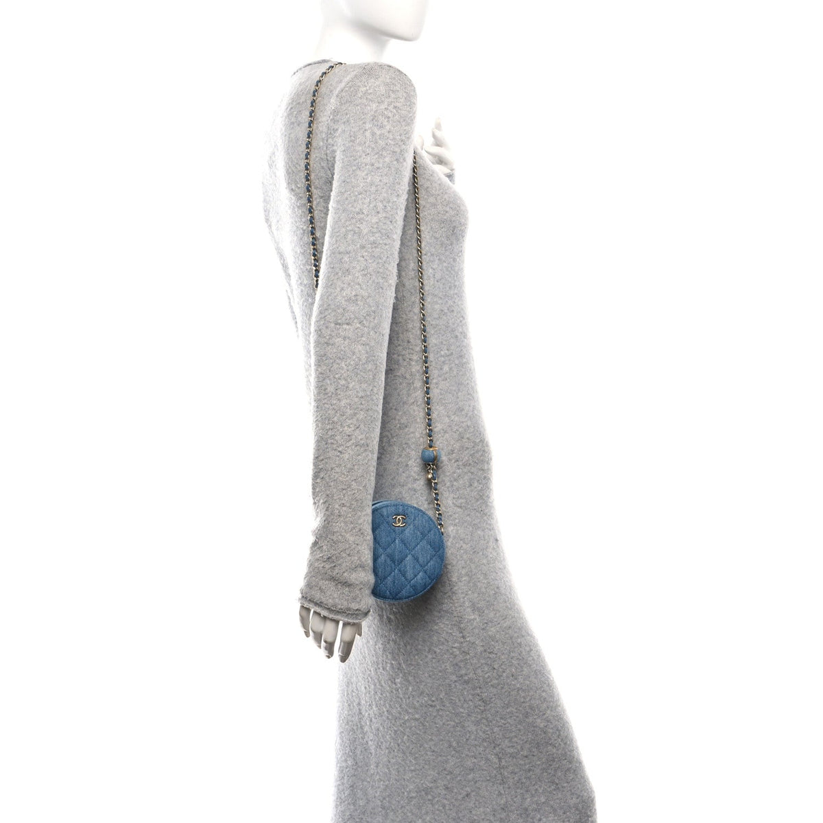 Denim Quilted Round Pearl Crush Clutch With Chain Blue