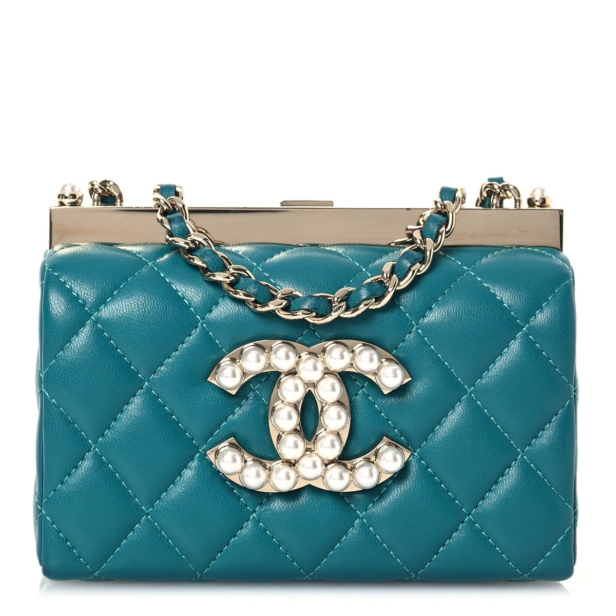 Lambskin Quilted Pearl CC Vanity Case Turquoise