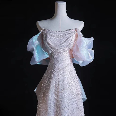 Light Pink Off Shoulder A-Line Sequins Pearls Long Formal Party Dress MD7407