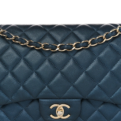 Metallic Caviar Quilted Jumbo Double Flap Dark Blue