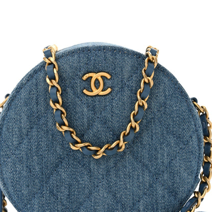 Denim Quilted Round Pearl Crush Clutch With Chain Blue