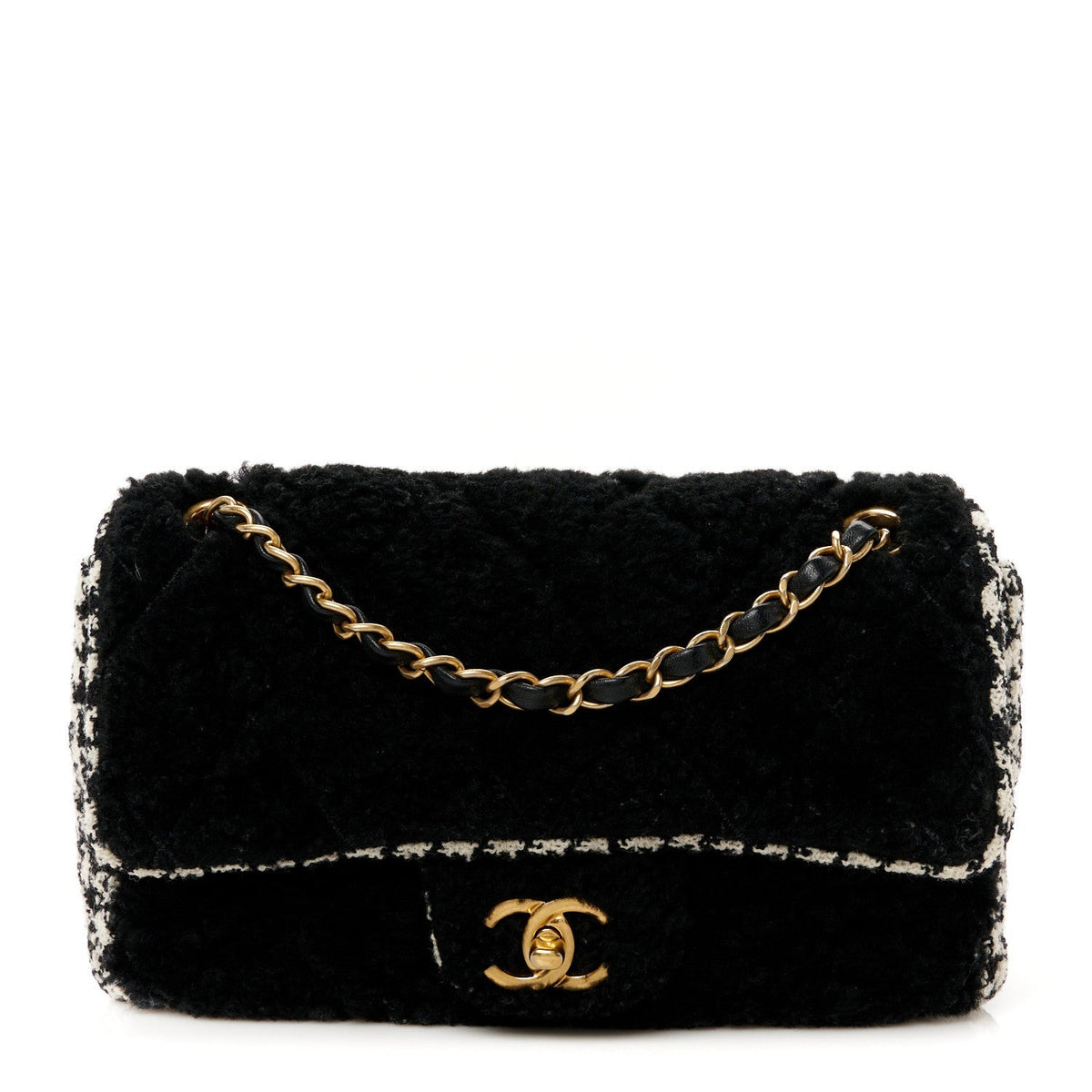 Shearling Sheepskin Tweed Quilted Single Flap Black