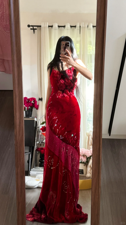 Vintage Red Sparkling Sequin Spaghetti Strap Design Elegant Chiffon Evening Dress Prom Dresses D1490