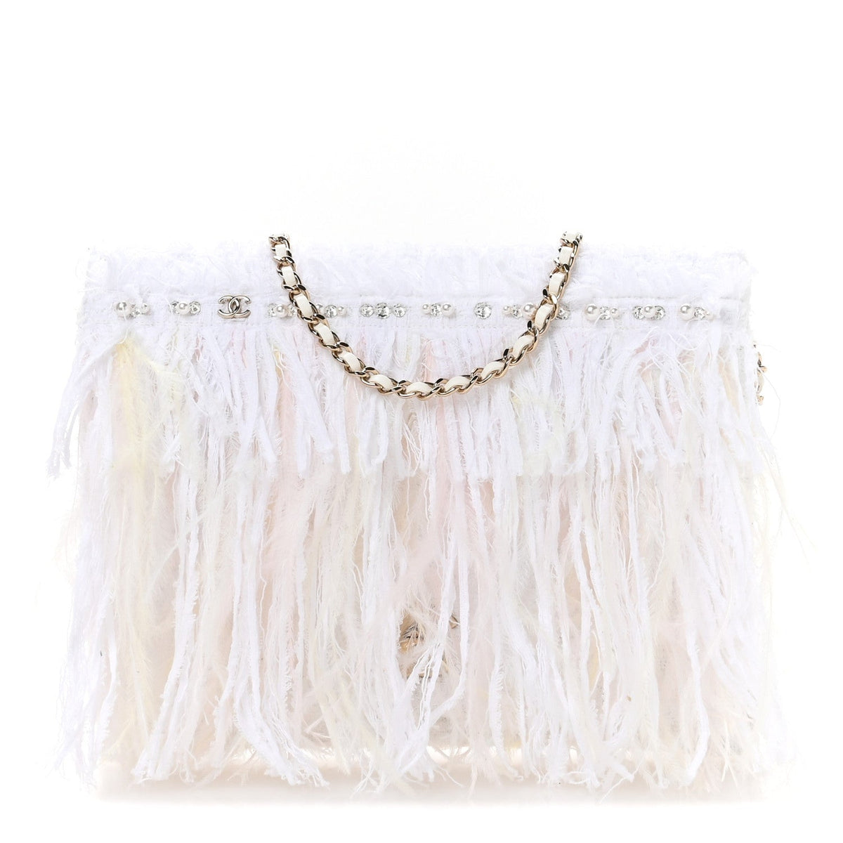 Tweed Embroidered Feathers Pearl Crystal Clutch White