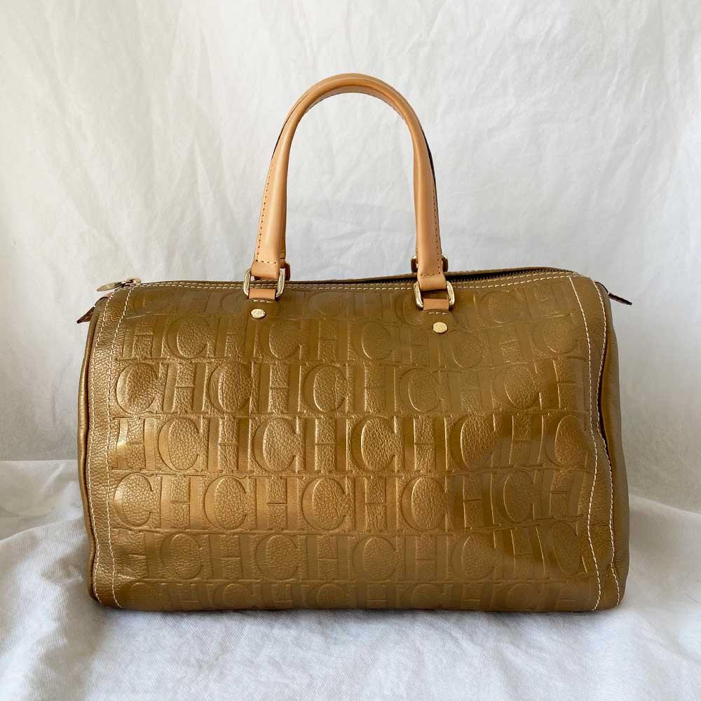Carolina Herrera Gold Monogram Leather Andy Boston Bag