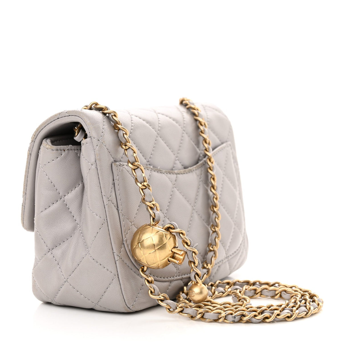 Lambskin Quilted Mini Pearl Crush Flap Light Grey