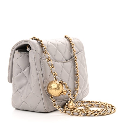 Lambskin Quilted Mini Pearl Crush Flap Light Grey