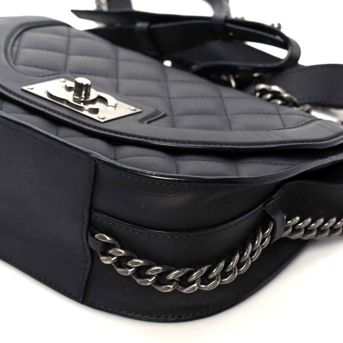 Shiny Goatskin Quilted Small Double Chained Messenger Flap Black