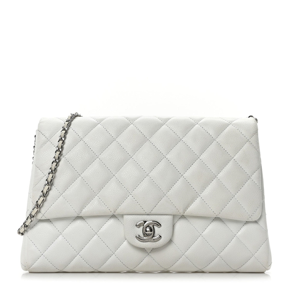 Caviar Quilted Clutch With Chain Flap White