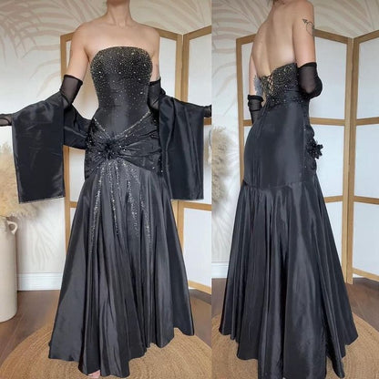 Vintage Black Mermaid Strapless Shiny Beaded Satin Long Party Dress Prom Dress SH5466