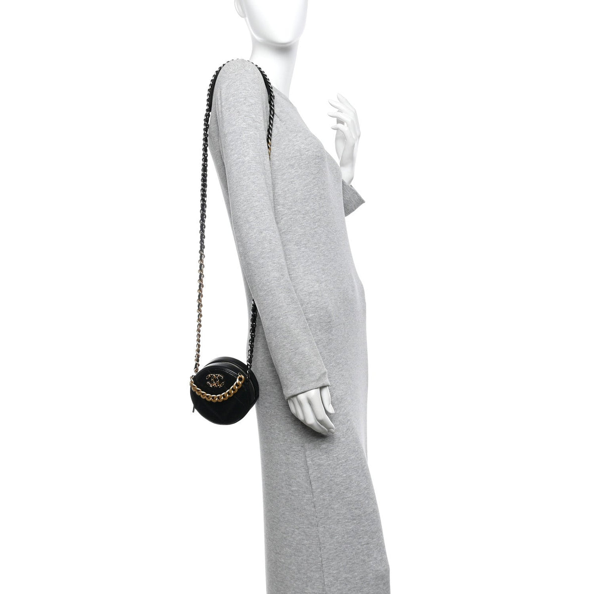 Shiny Goatskin Quilted Chanel 19 Round Clutch With Chain Black