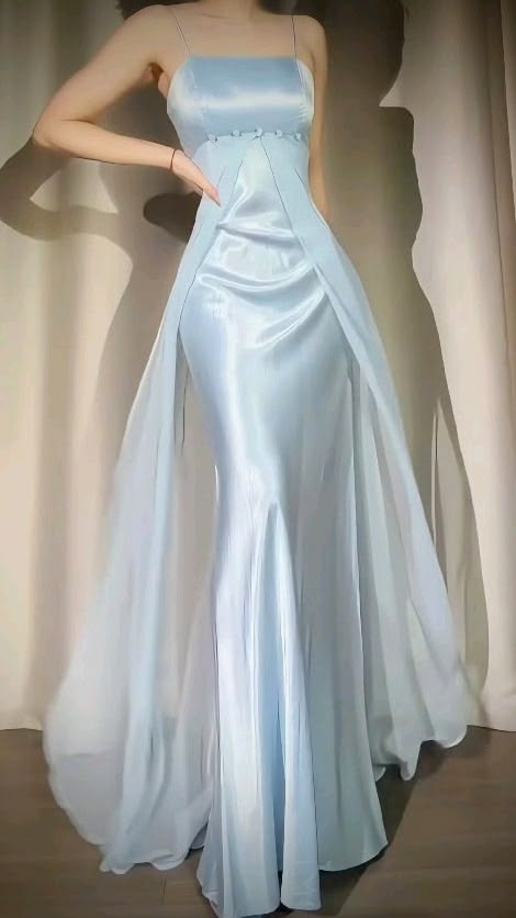 Vintage Baby Blue A Line Straps Chiffon Satin Prom Dress Evening Dress SH5663