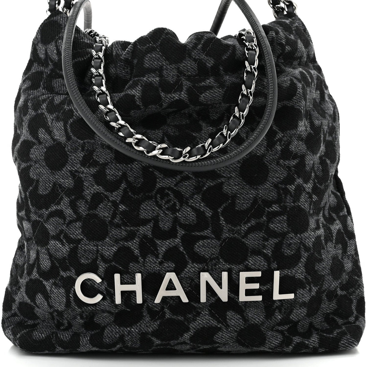 Denim Quilted Floral Print Mini Chanel 22 Black Grey