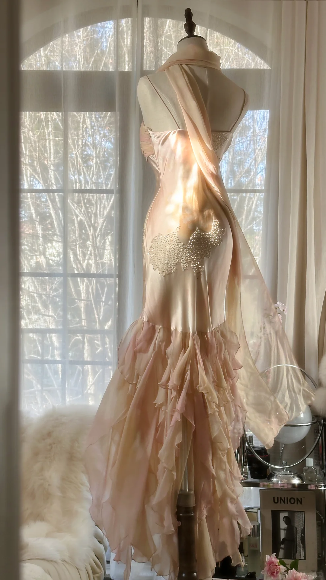 Vintage Mermaid Beaded Floral Design Romantic Chiffon Evening Dress Prom Dress D1512