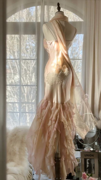 Vintage Mermaid Beaded Floral Design Romantic Chiffon Evening Dress Prom Dress D1512