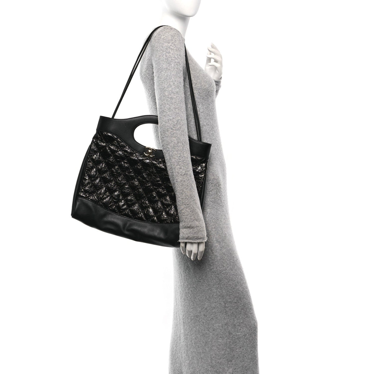 Crumpled Calfskin Quilted 31 Large Shopping Bag Black