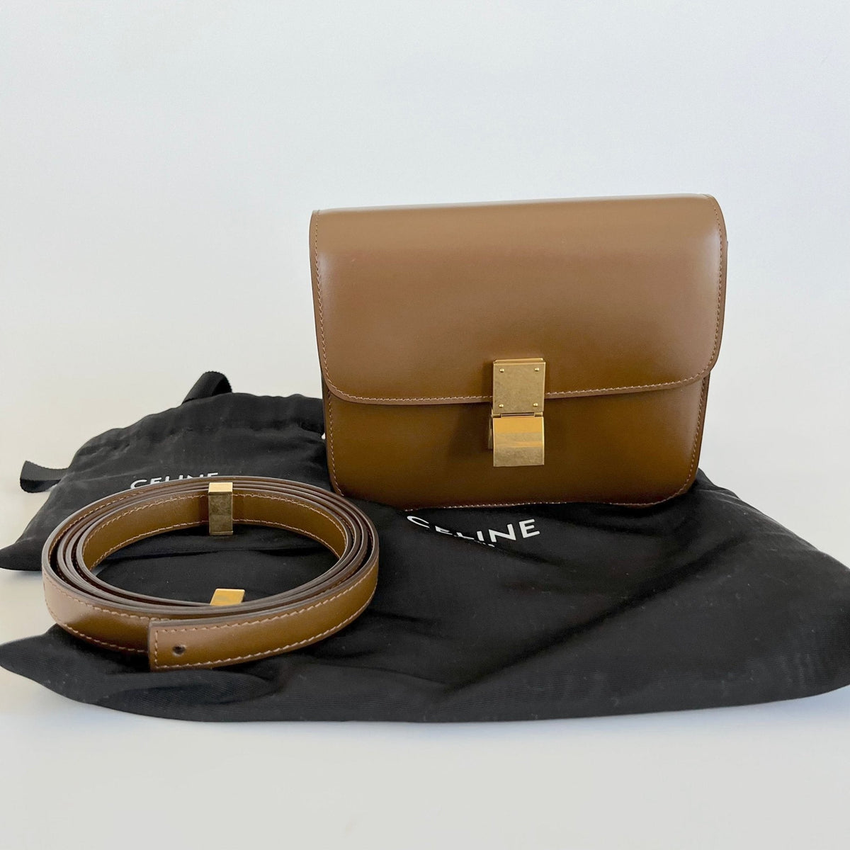 Celine brown leather teen box bag with detachable strap