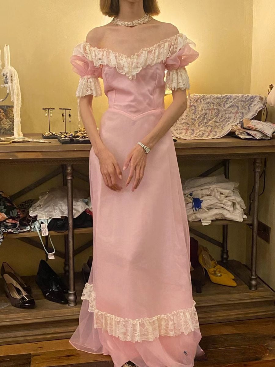 Vintage A Line Puff Sleeve White Lace Pink Chiffon Prom Dress Evening Dress SH5662
