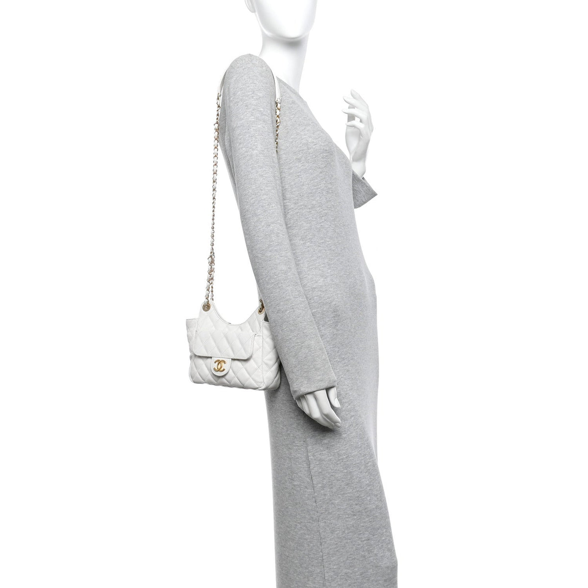 Caviar Quilted Small Wavy CC Hobo White
