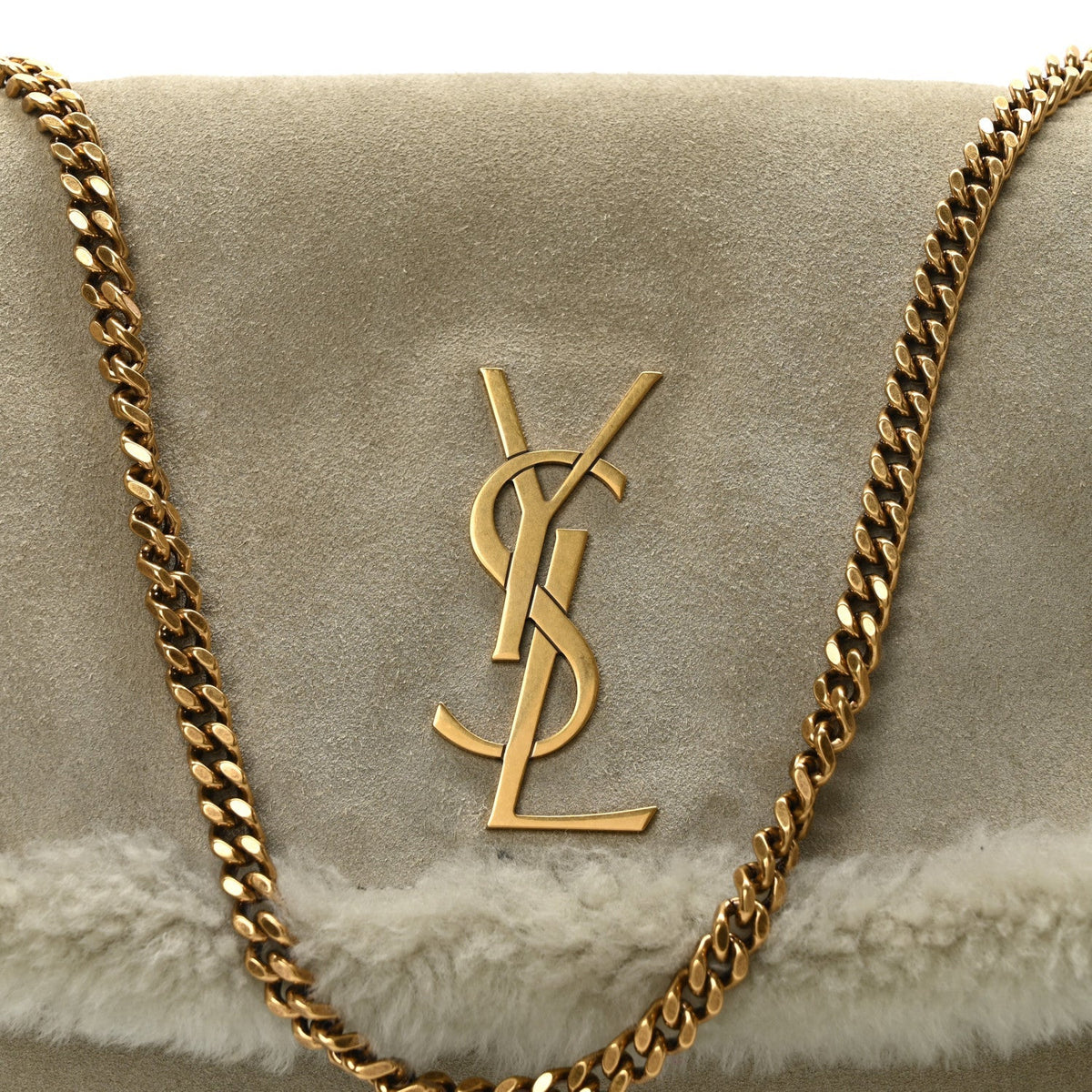 Shearling Calfskin Medium Reversible Monogram Kate Satchel Grey