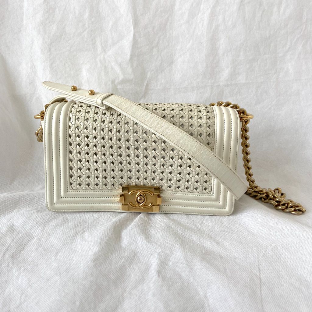 Chanel  White/Gold Woven Leather Small Reverso Boy Flap Bag