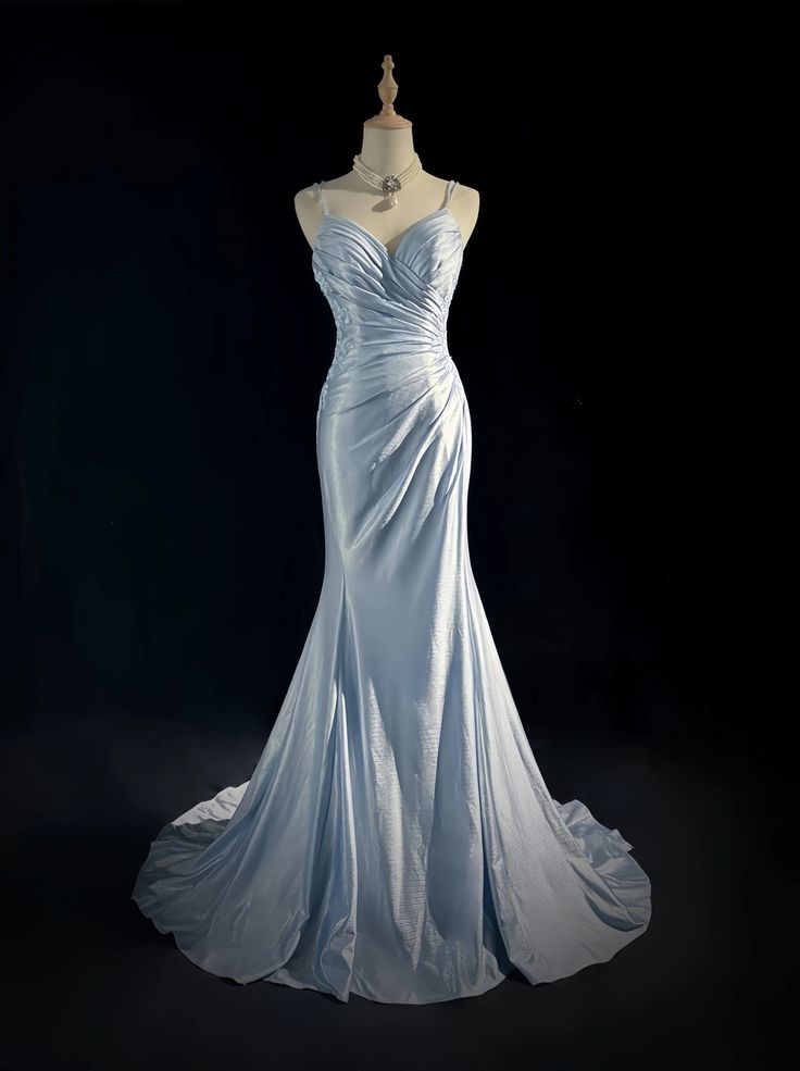 Light Blue Spaghetti Straps Mermaid Appliques Satin Long Evening Party Dresses, D842