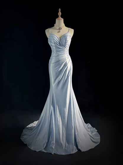 Light Blue Spaghetti Straps Mermaid Appliques Satin Long Evening Party Dresses, D842