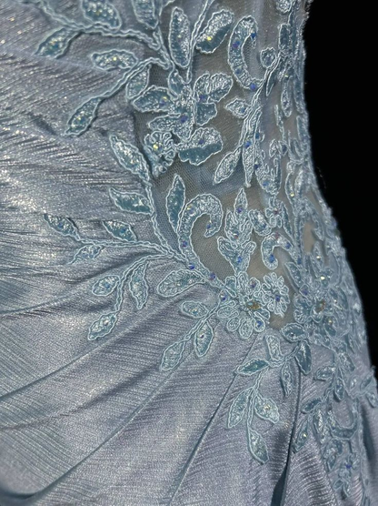 Light Blue Spaghetti Straps Mermaid Appliques Satin Long Evening Party Dresses, D842