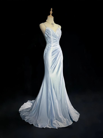 Light Blue Spaghetti Straps Mermaid Appliques Satin Long Evening Party Dresses, D842