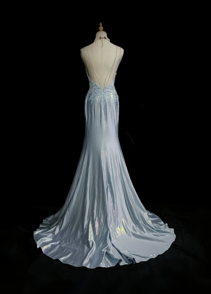 Light Blue Spaghetti Straps Mermaid Appliques Satin Long Evening Party Dresses, D842