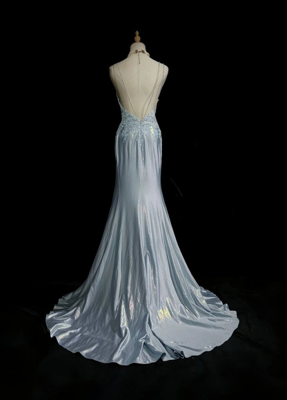 Light Blue Spaghetti Straps Mermaid Appliques Satin Long Evening Party Dresses, D842