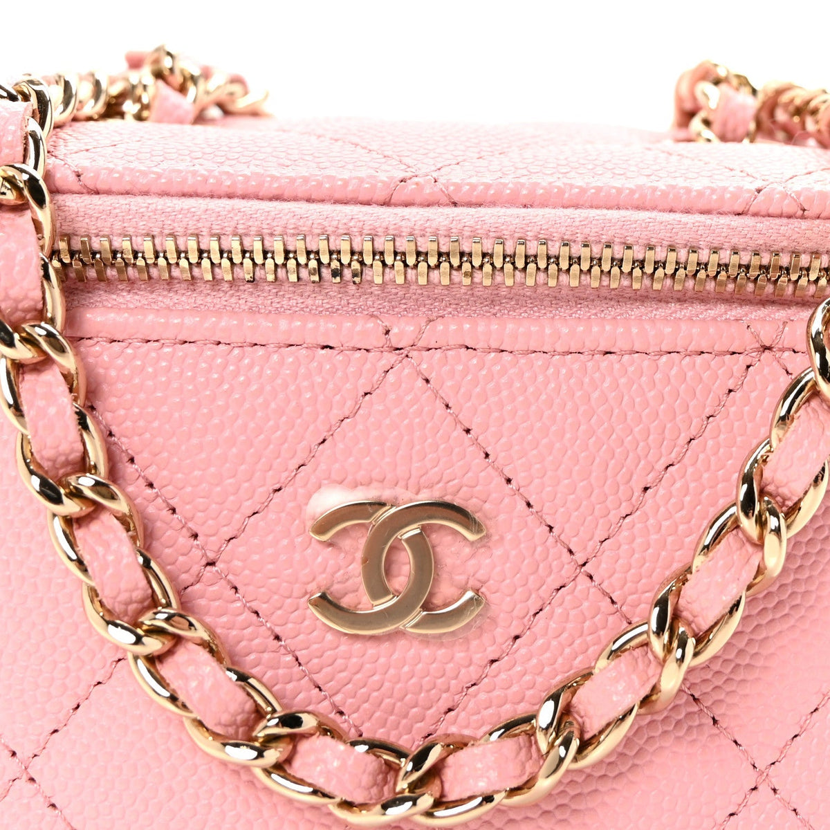 Caviar Quilted Mini Vanity Case With Chain Pink