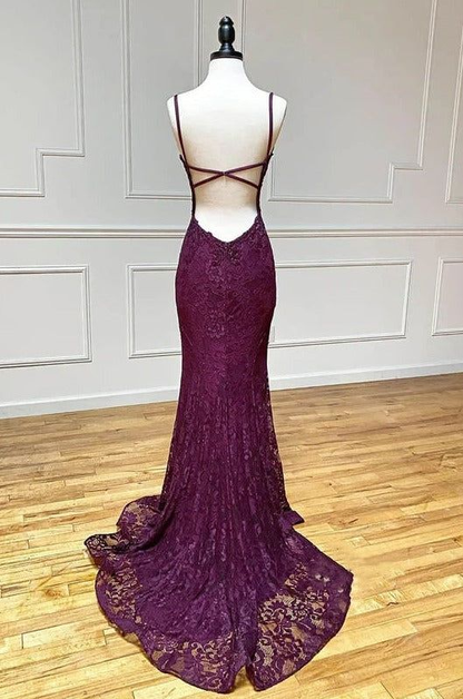 Elegant Spaghetti Straps Mermaid Lace Formal Prom Dresses Evening Party Dress, D843