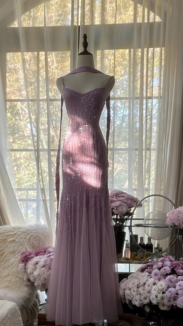 Lilac Spaghetti Straps Mermaid Beading Long Evening Dresses Birthday Outfits, D844