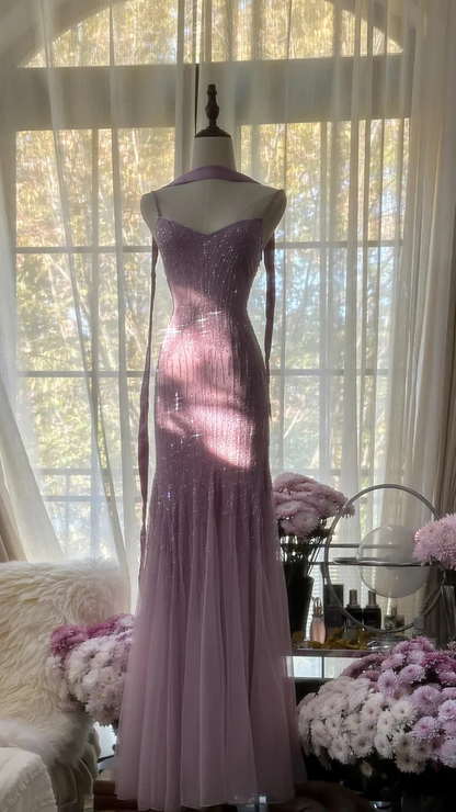 Lilac Spaghetti Straps Mermaid Beading Long Evening Dresses Birthday Outfits, D844
