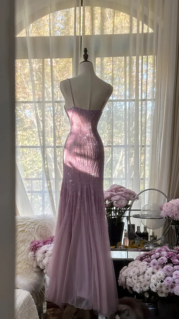 Lilac Spaghetti Straps Mermaid Beading Long Evening Dresses Birthday Outfits, D844