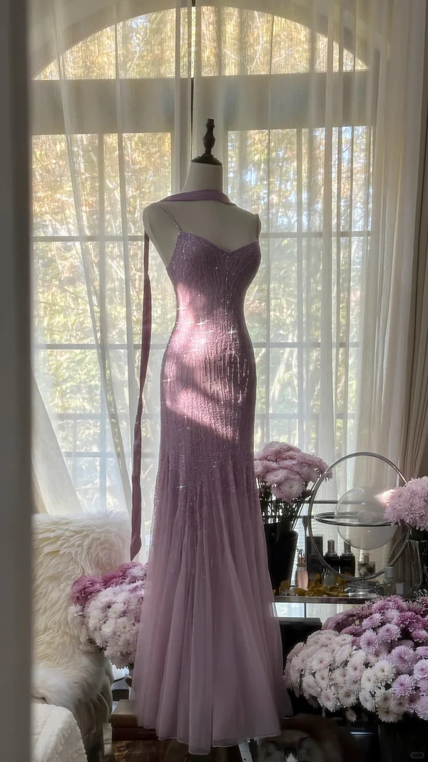 Lilac Spaghetti Straps Mermaid Beading Long Evening Dresses Birthday Outfits, D844