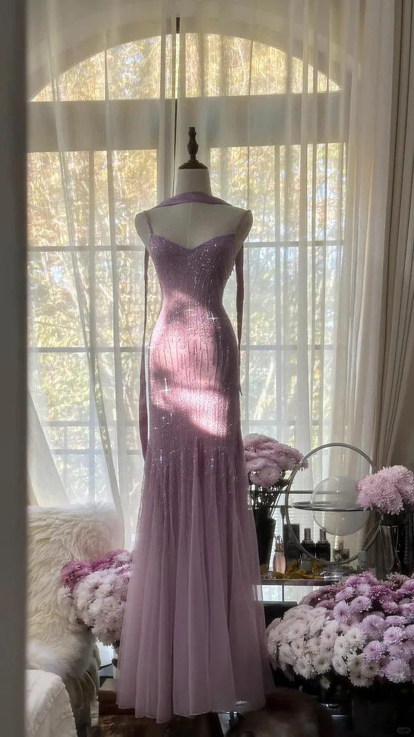 Lilac Spaghetti Straps Mermaid Beading Long Evening Dresses Birthday Outfits, D844