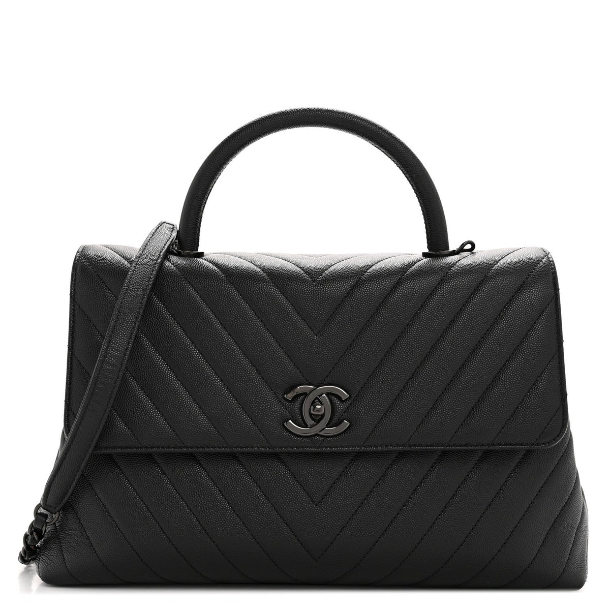 Caviar Chevron Quilted Medium Coco Handle Flap So Black