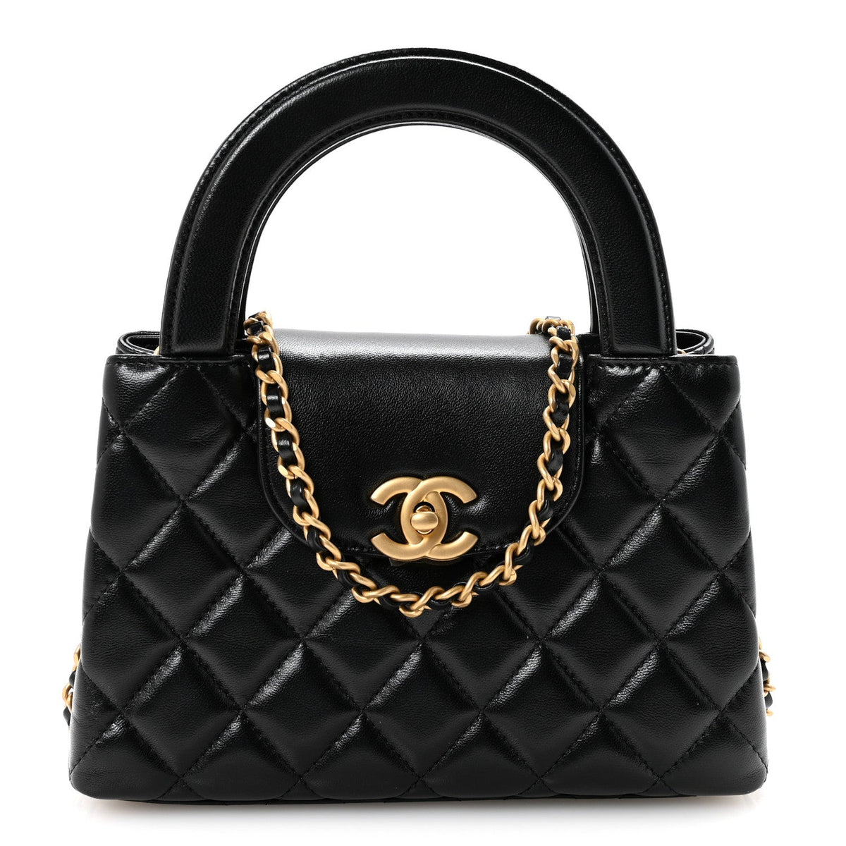 Shiny Aged Calfskin Quilted Nano Kelly Shopper Black
