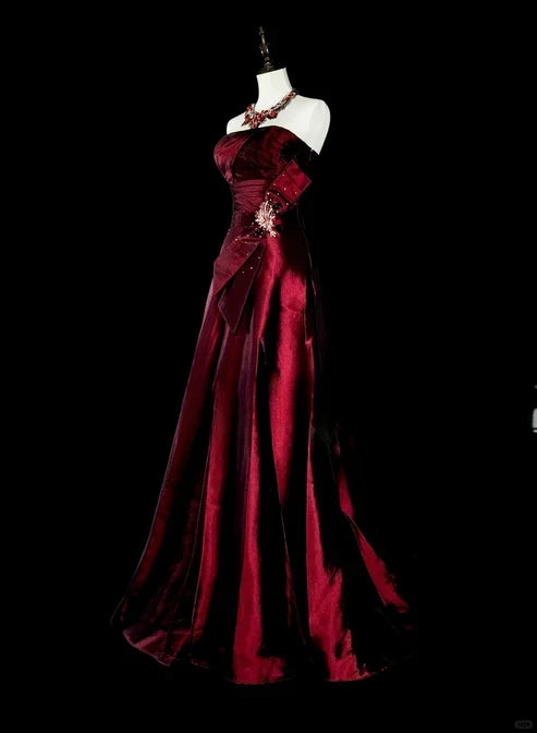 Wine Red Strapless A-Line Satin Long Prom Dress Vintage Evening Dresses, D894