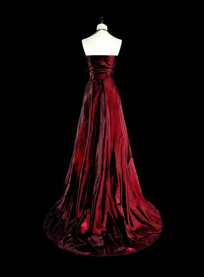 Wine Red Strapless A-Line Satin Long Prom Dress Vintage Evening Dresses, D894