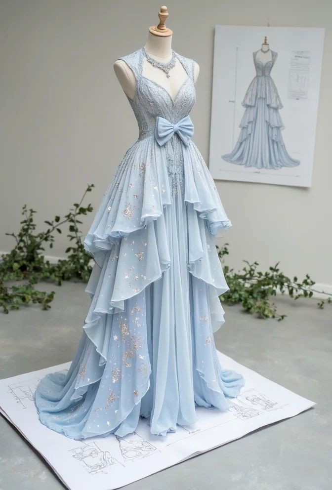 Light Blue Sleeveless A-Line Chiffon Long Evening Party Dress Birthday Outfits, D1005
