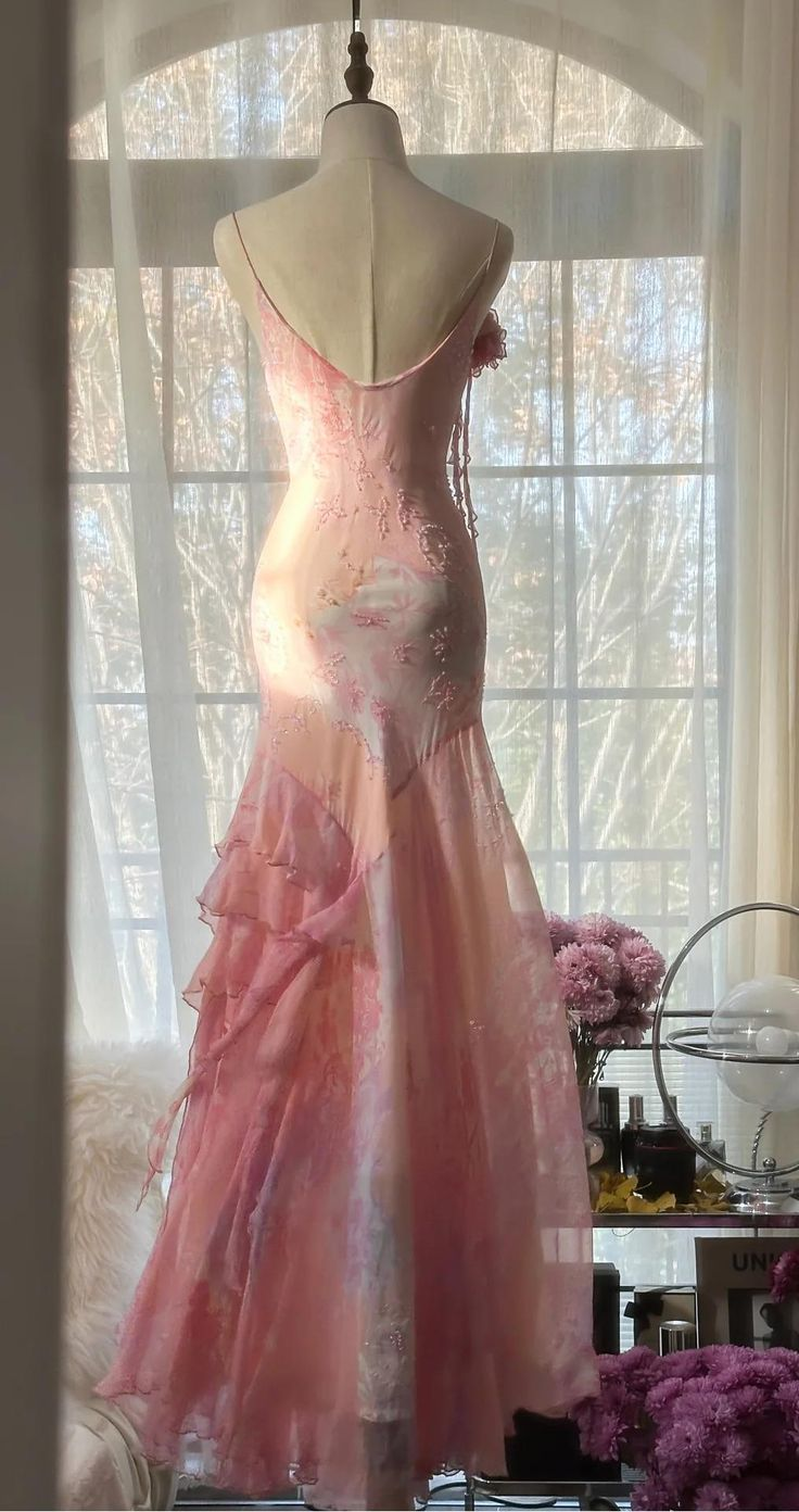 Vintage Pink Straps Mermaid Chiffon Beading Long Evening Party Dresses, D1030