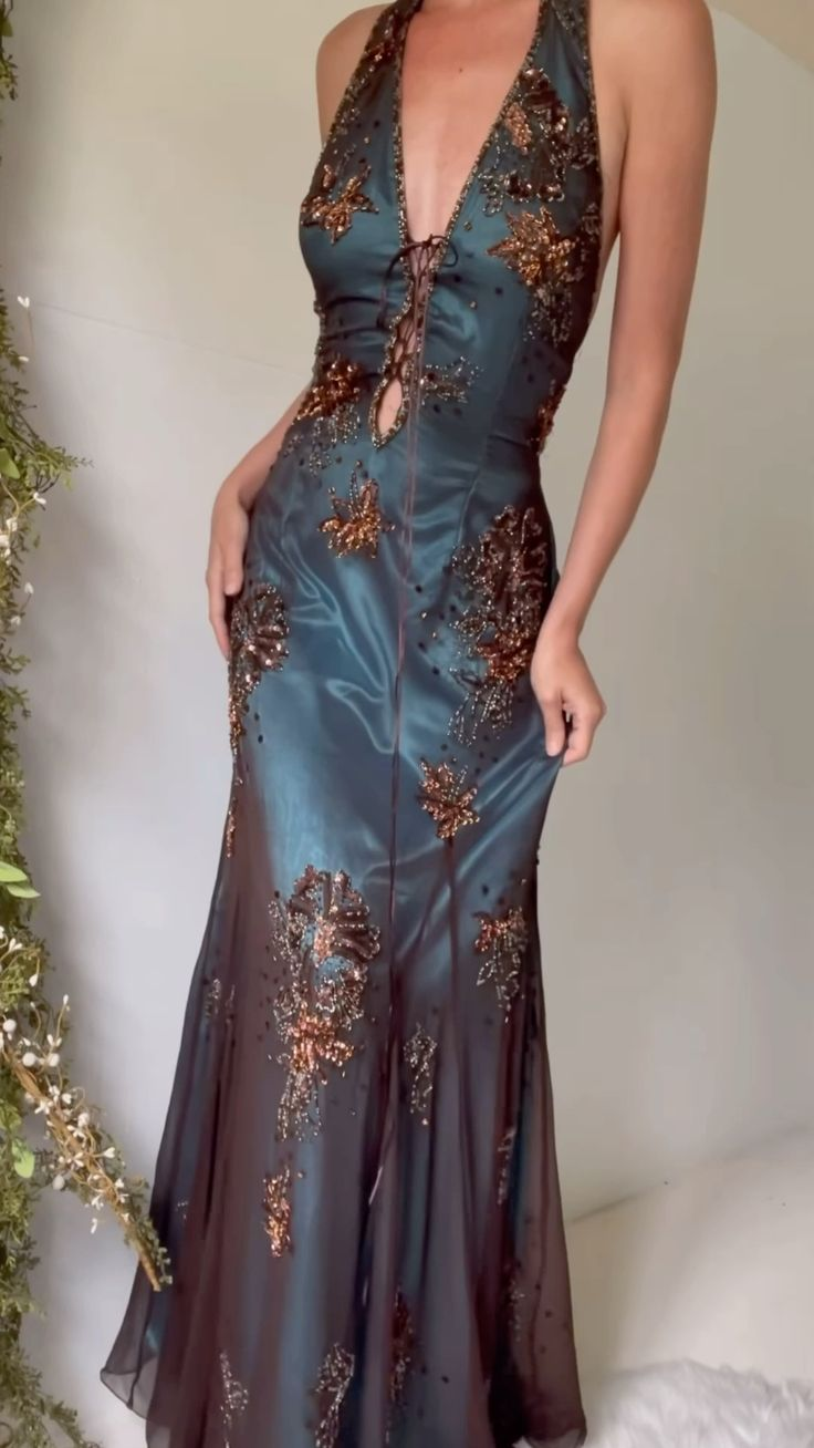 Elegant Teal Halter V Neck Mermaid Beading Vintage Long Formal Party Dresses, D1032